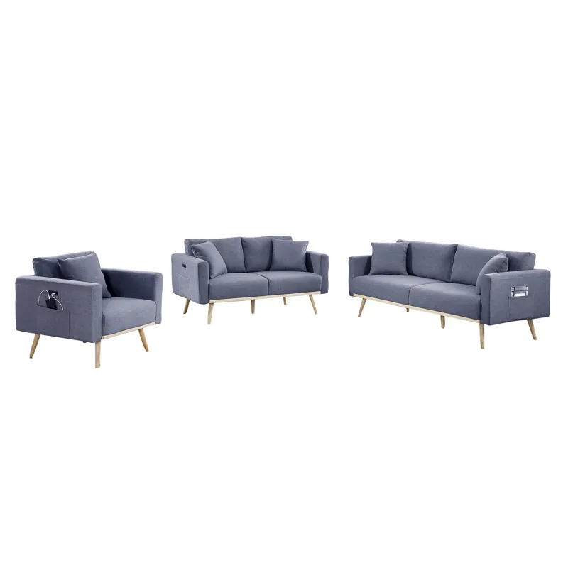 Easton - Linen Fabric Sofa Loveseat Chair Living Room Set With USB Charging Ports Pockets And Pillow