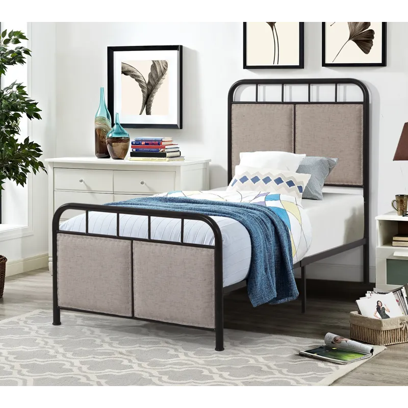 Twin Size Linen Upholstered Platform Metal Bed Frame With Fabric Headboard And Footboard - Brown
