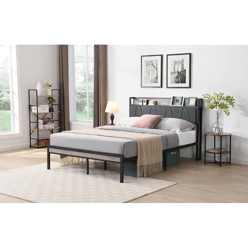 Queen Size Metal Platform Bed Frame With Upholsteryolstery Storage Function Headboard And USB Liner 