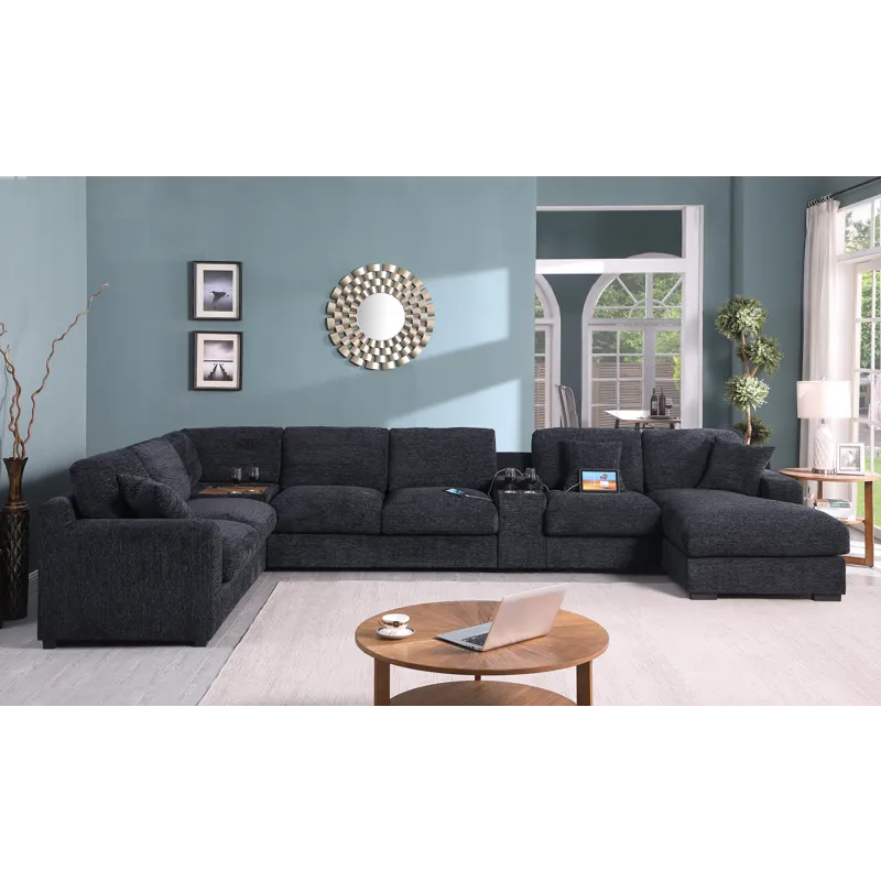 Celine - Chenille Fabric Corner Sectional Sofa With Right-Facing Chaise, Cupholders, And Charging Ports - Dark Gray