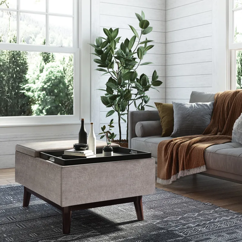 Owen - Tray Top Small Coffee Table Storage Ottoman - Distressed Grey