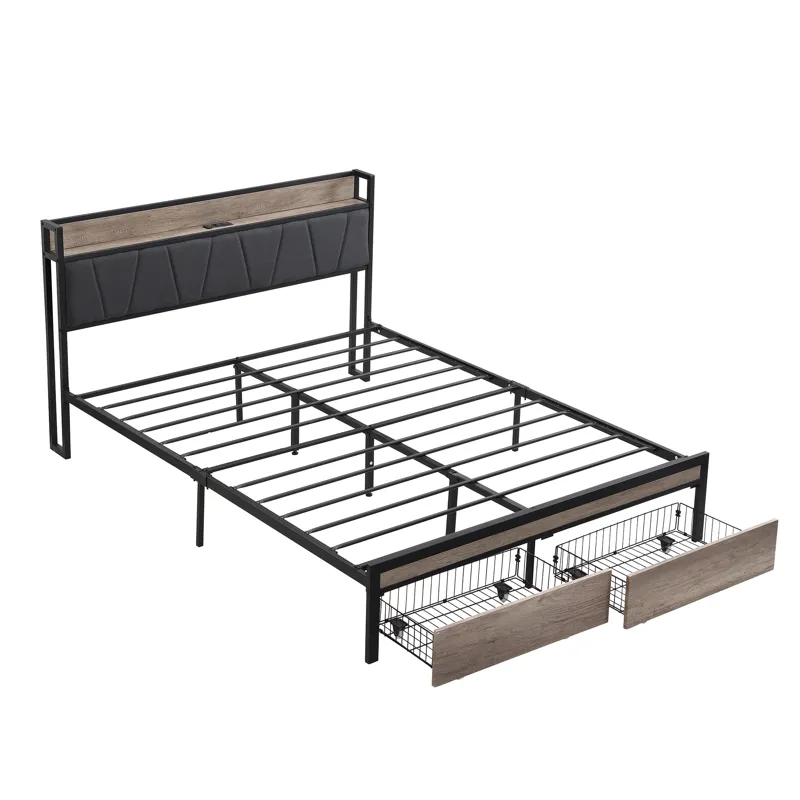 Queen Size Metal Platform Bed Frame With Upholsteryolstery Storage Function Headboard And USB Liner 
