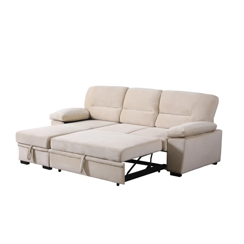 Kipling - Velvet Fabric Reversible Sleeper Sectional Sofa Chaise - Beige