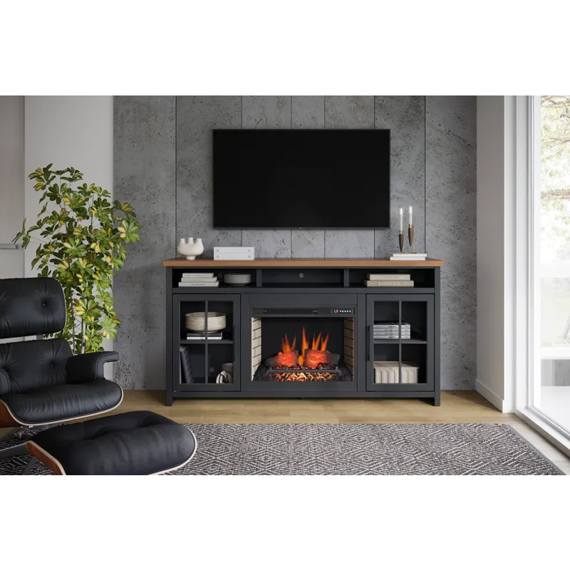 Bridgevine Home - Essex 74" Fireplace TV Stand Console - Black and Whiskey Finish