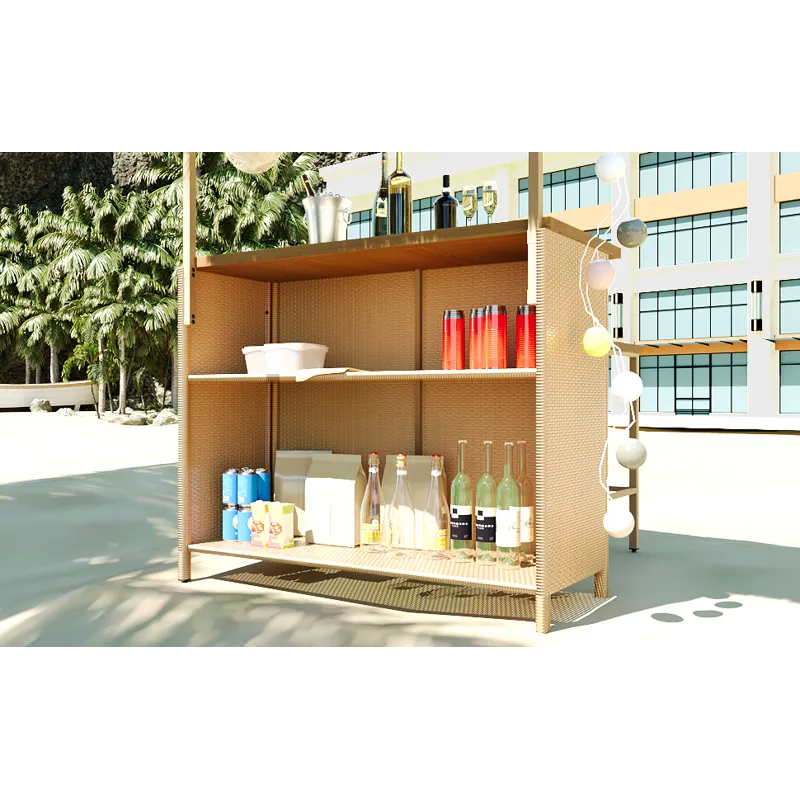 Hawaiian-Style Bar Height Patio Set With PE Grass Canopy, Outdoor Bar Table And Stools With Adjustab