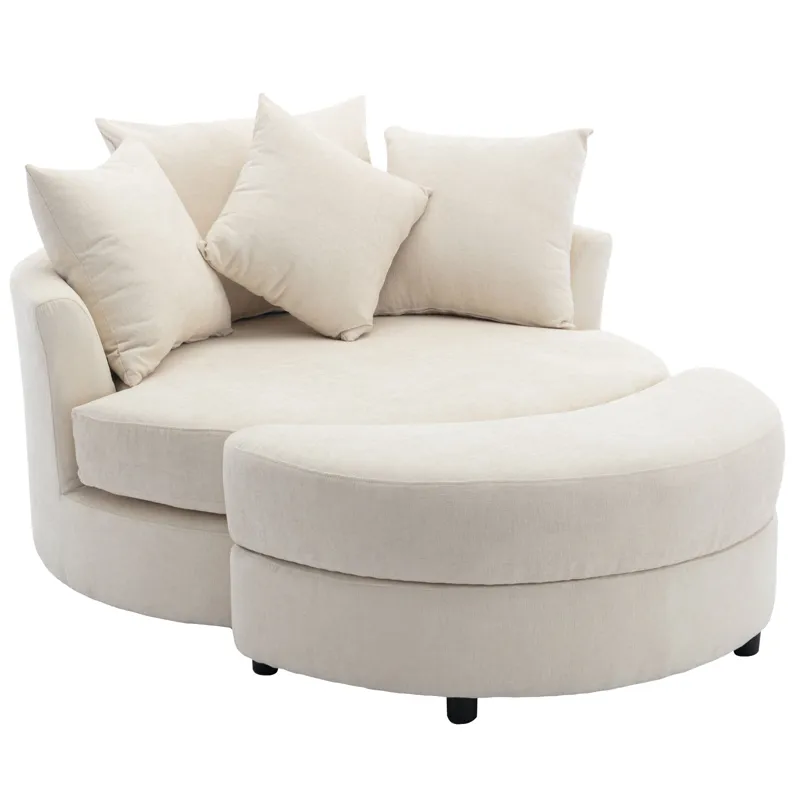 360° Swivel Accent Barrel Chair With Storage Ottoman & 4 Pillows, Modern Chenille Leisure Chair Round Accent For Living Room - Cream