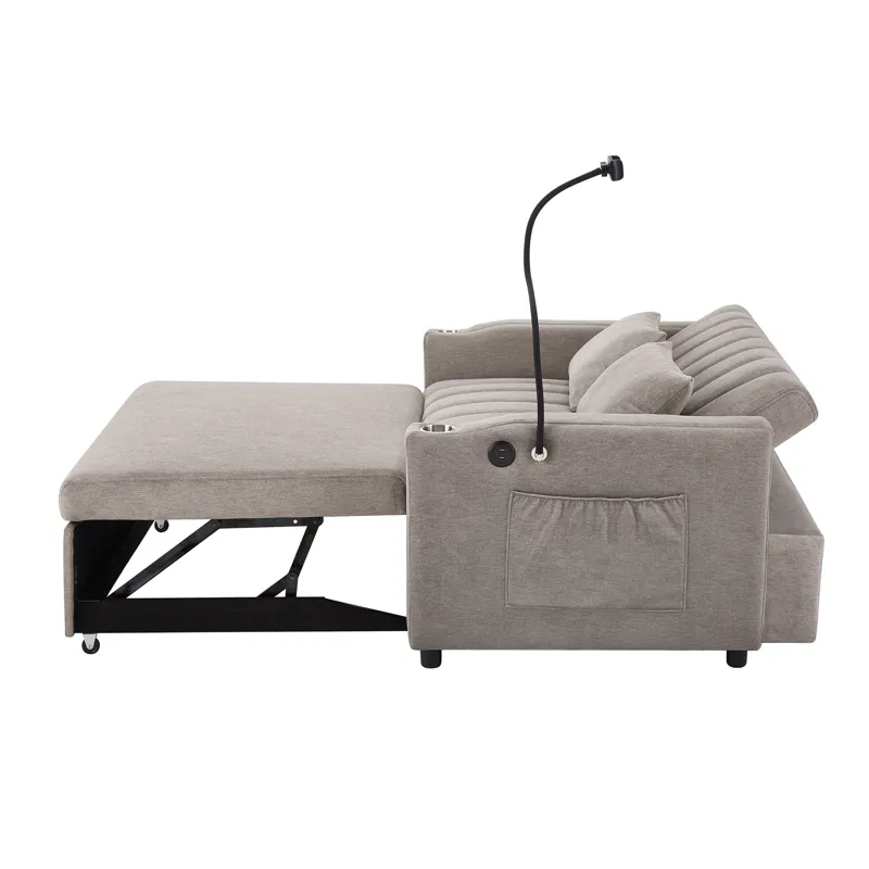 Convertible Sofa Bed Loveseat Sofa With Three USB Ports, Two Side Pockets, Two Cup Holders And 360° 