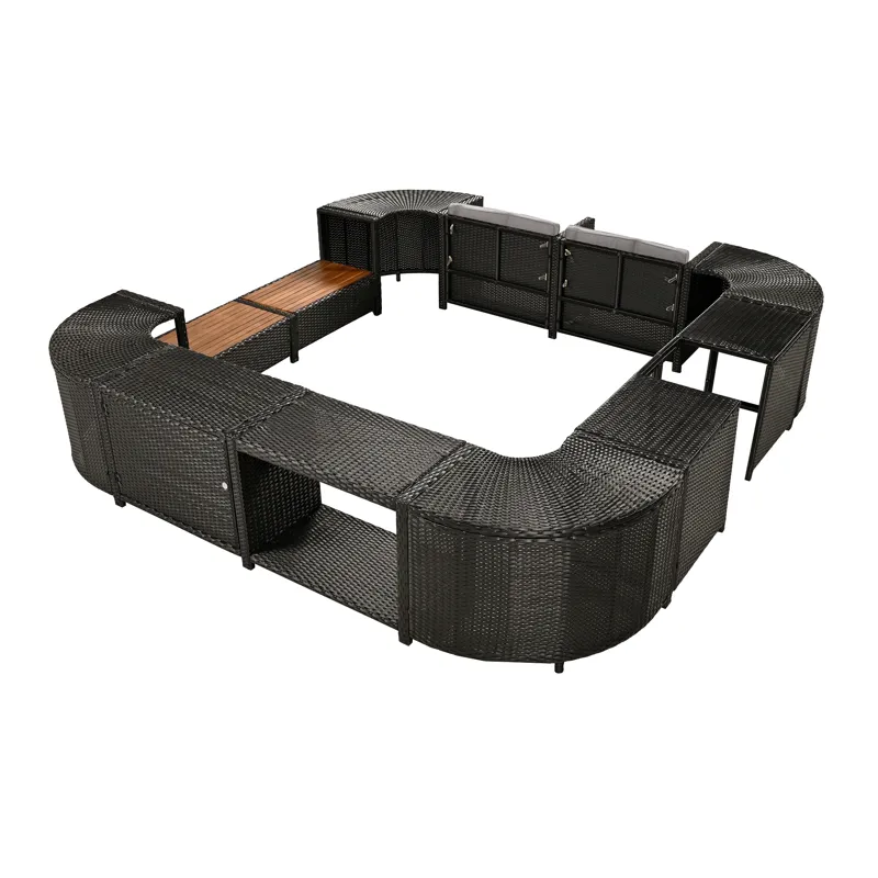 Spa Surround Spa Frame Quadrilateral Outdoor Rattan Sectional Sofa Set With Mini Sofa, Wooden Seats 