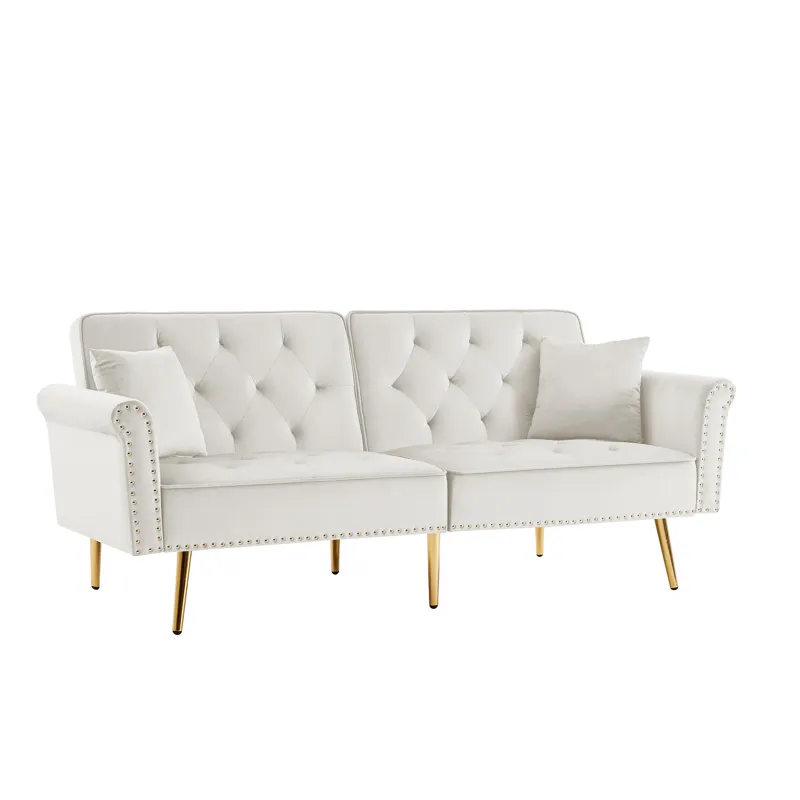 Velvet Tufted Sofa Couch With 2 Pillows And Nailhead Trim - Beige
