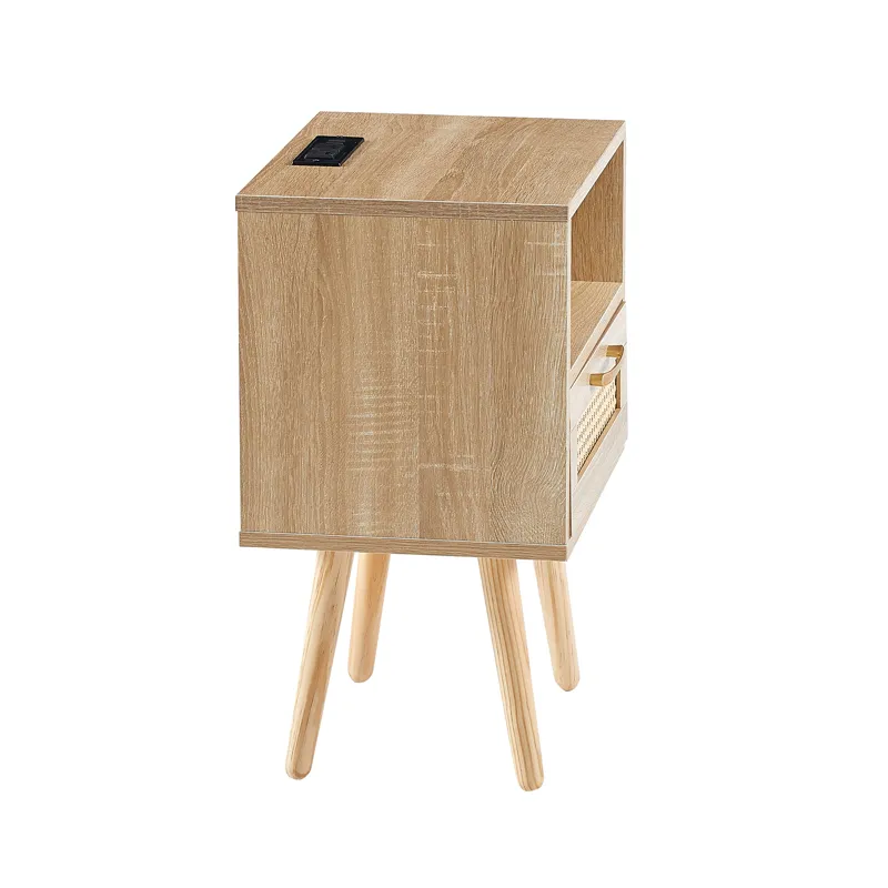 15.75\" Rattan End Table With Power Outlet & USB Ports, Modern Nightstand With Drawer And Solid Wood