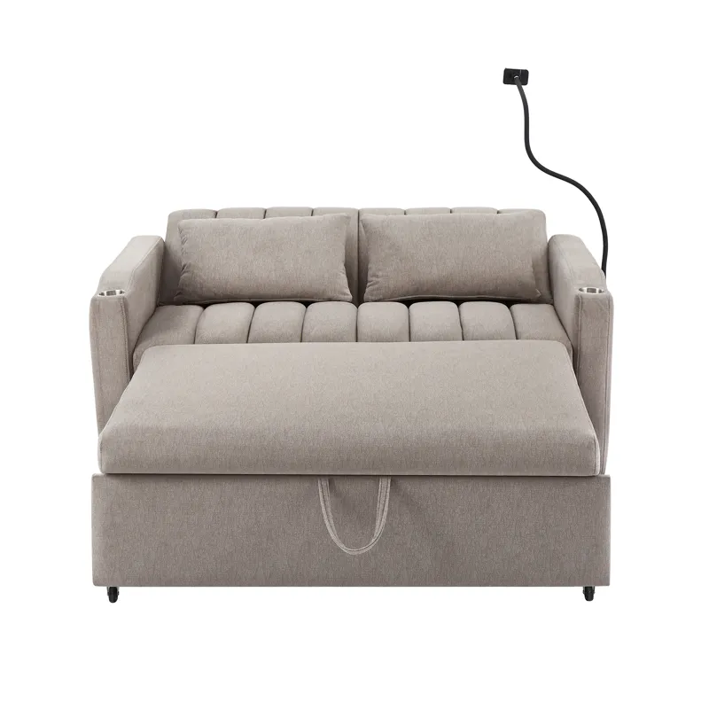 Convertible Sofa Bed Loveseat Sofa With Three USB Ports, Two Side Pockets, Two Cup Holders And 360° 