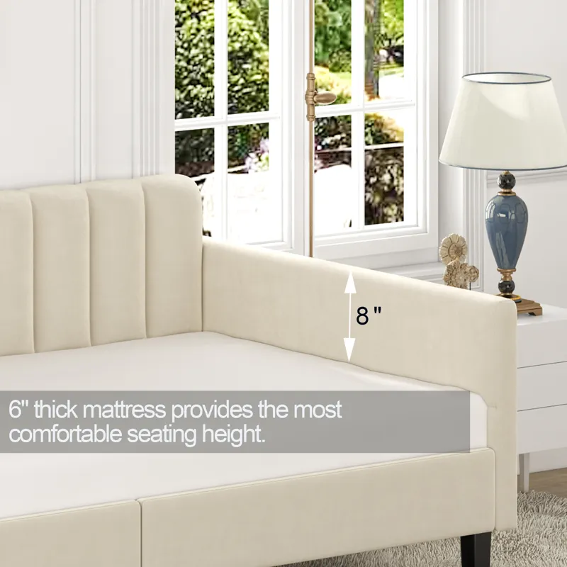 Elena - Twin Upholstered Daybed, Ribbed Tufted Backrest - Beige