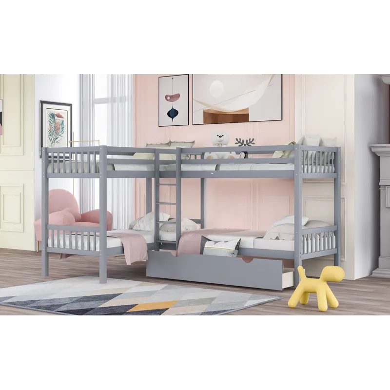 Twin L-Shaped Bunk Bed With Drawers - Gray
