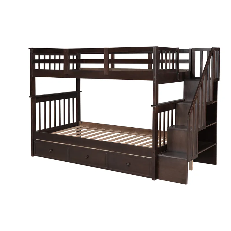 Stairway Twin Over Twin Bunk Bed With Three Drawers For Bedroom, Dorm - Espresso
