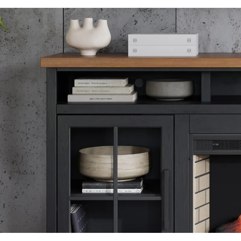 Bridgevine Home - Essex 74" Fireplace TV Stand Console - Black and Whiskey Finish