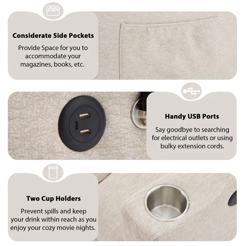 Convertible Sofa Bed Loveseat Sofa With Three USB Ports, Two Side Pockets, Two Cup Holders And 360° 