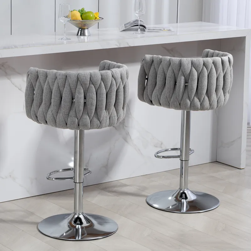360 Degree Swivel Bar Stools Adjustable Counter Height Bar Chairs With Woven Back & Footrest, Silver