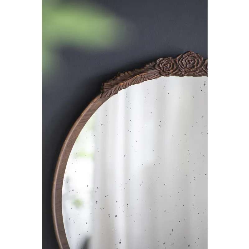 Round Hand Carved Rose Antique Mirror Frame, Wall Mirror For Live Space, Bathroom, Entryway Wall Dec