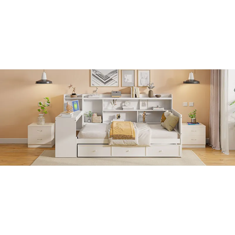 Twin Size Wooden Daybed With 3 Drawers, USB Ports And Desk - White