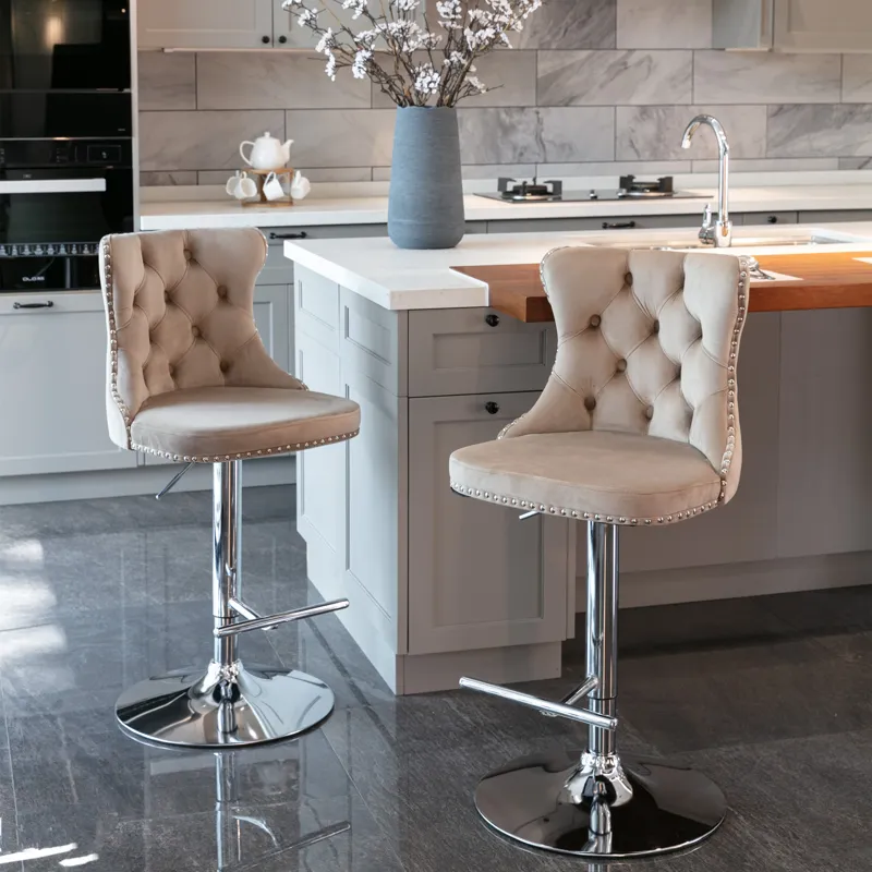 Swivel Velvet Barstools Adjusatble Seat Height From 25-33\", Modern Upholstered Chrome Base Bar Stoo