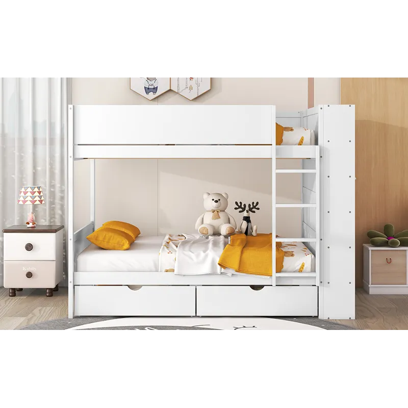 Full Over Full Bunk Bed With 2 Drawers And Multi - Layer Cabinet - White