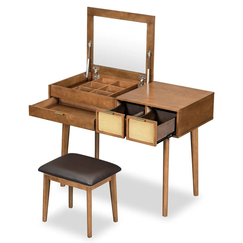 Classic Wood Makeup Vanity Set With Flip-Top Mirror And Stool, Dressing Table With Three Drawers And