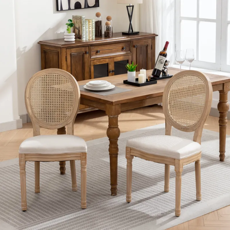 French Style Solid Wood Frame Antique Painting Linen Fabric Rattan Back Dining Chair (Set of 2) - Cr