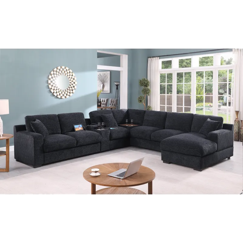 Celine - Chenille Fabric Corner Sectional Sofa With Right-Facing Chaise, Cupholders, And Charging Ports - Dark Gray
