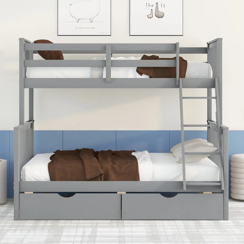 Twin Over Full Bunk Bed With Ladders And Two Storage Drawers - Gray