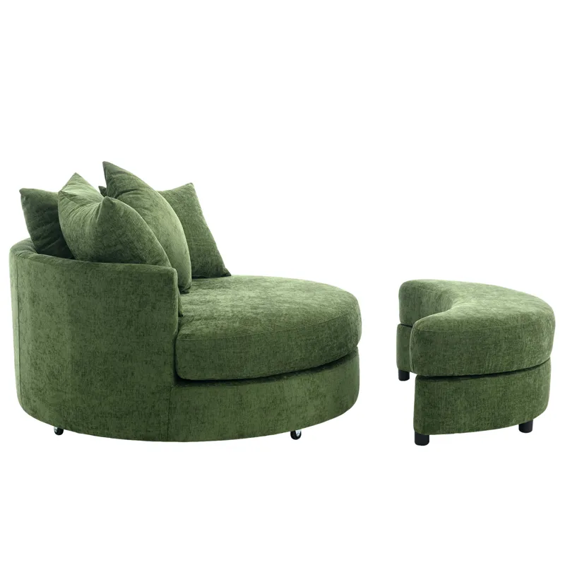 360° Swivel Accent Barrel Chair With Storage Ottoman & 4 Pillows, Modern Chenille Leisure Chair Roun