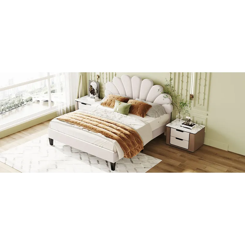 Queen Size Upholstered Platform Bed With Flower Pattern Velvet Headboard - Beige