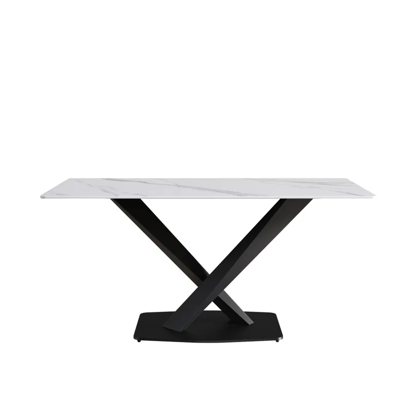 63\" Modern Artificial Stone Straight Edge Metal X-Leg Dining Table, 6 People - White / Black