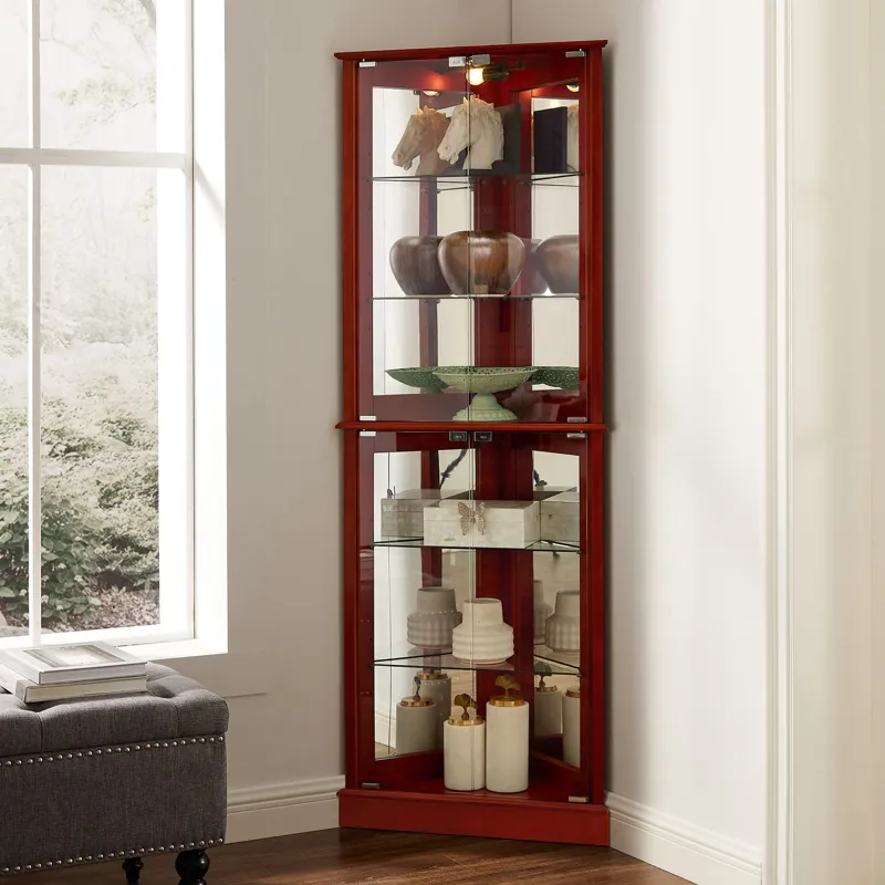 Corner Curio Dispaly Cabinet With Lights, Adjustable Tempered Glass Shelves, Mirrored Back (E26 Ligh