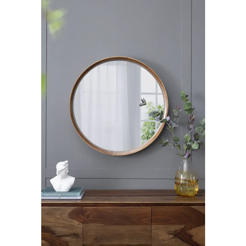 Round Pine Wood Mirror, Wall Mounted Mirror Home Decor For Bathroom Living Room - Brown