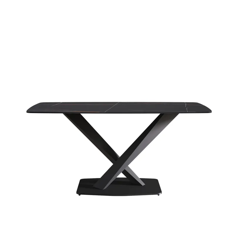 63\" Artificial Stone Black Curved Black Metal Leg Dining Table - Black