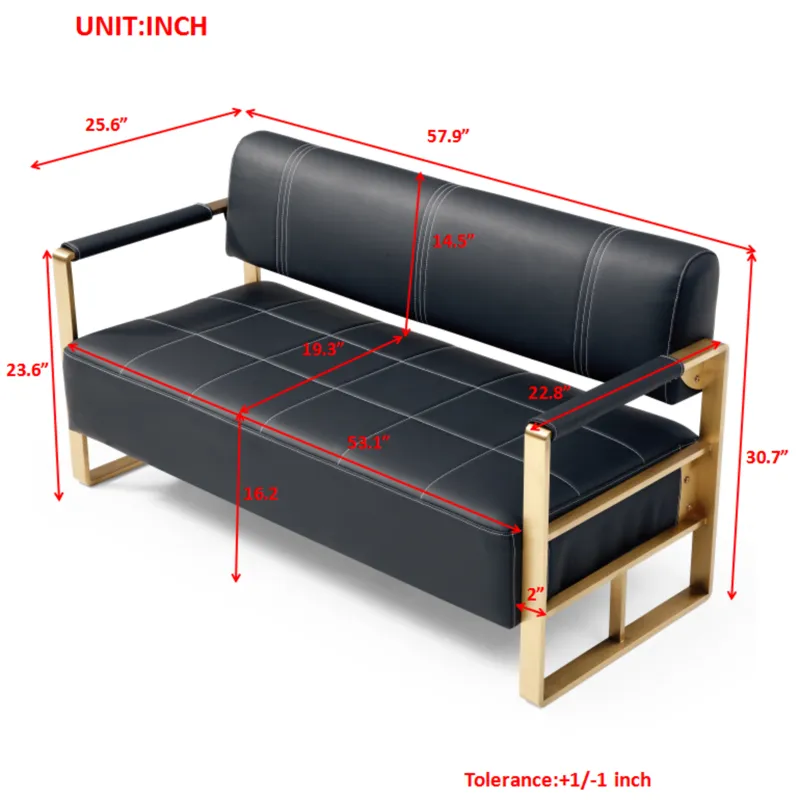 Modern Upholstery Accent Loveseat Sofa For Living Room 2 Seater With Golden Metal Arms - Black