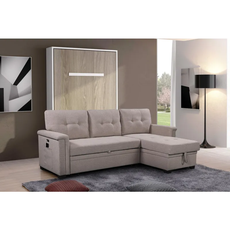 Ashlyn - Reversible Sleeper Sectional Sofa With Storage Chaise, USB Charging Ports And Pocket - Ligh