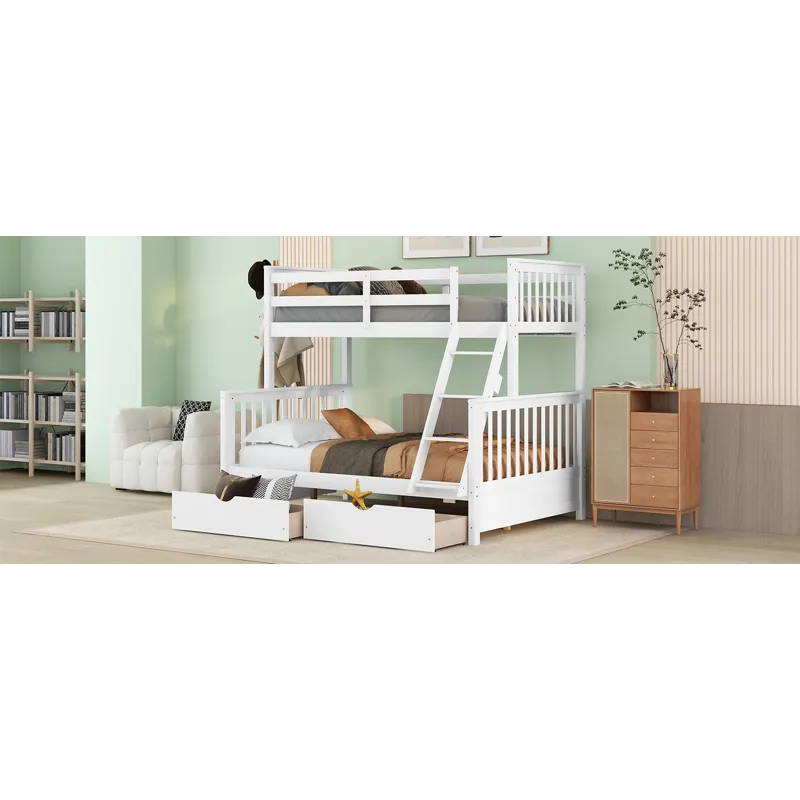 Twin Over Full Bunk Bed With Ladders And Two Storage Drawers - White