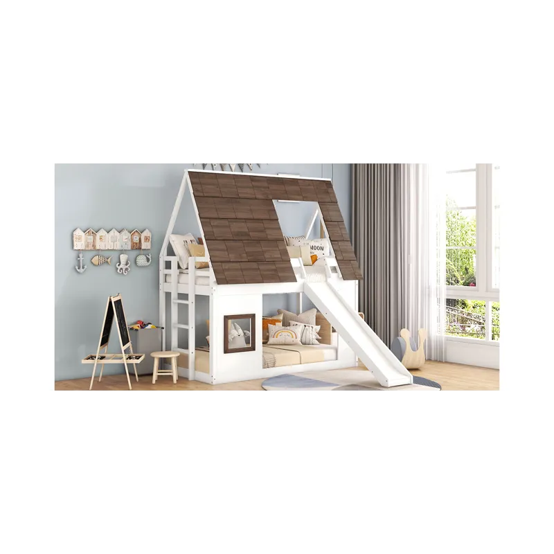 Wood Twin Size House Bunk Bed With Roof, Ladder And Slide - White / Brown