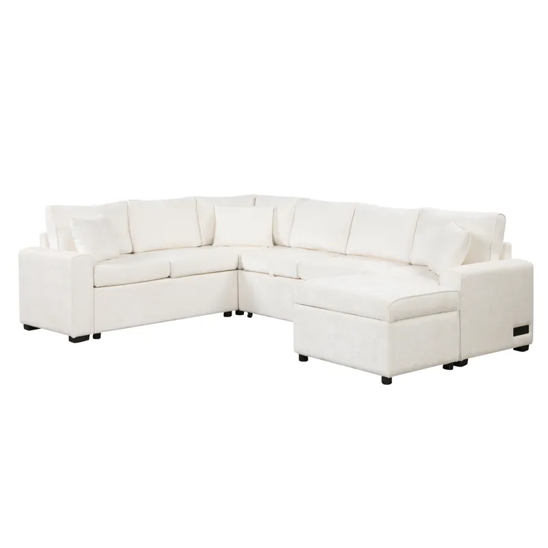 Sectional Sofa Pull-Out Sofa Bed Sleeper With A Storage Ottoman, Three Pillows And Charging Devices 