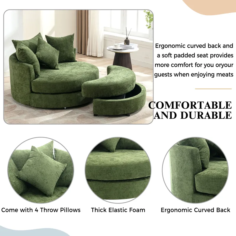 360° Swivel Accent Barrel Chair With Storage Ottoman & 4 Pillows, Modern Chenille Leisure Chair Roun