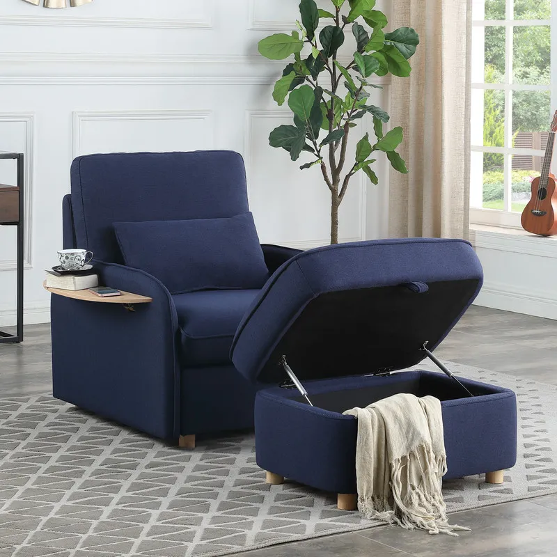 Huckleberry - Linen Accent Chair With Storage Ottoman And Folding Side Table - Blue