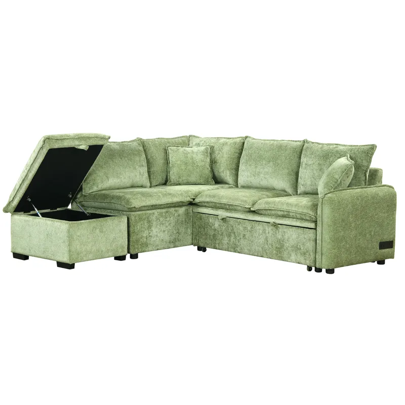Convertible Sofa Bed Sectional Sofa Sleeper L-Shaped Sofa With A Storage Ottoman, Two Pillows, Two P