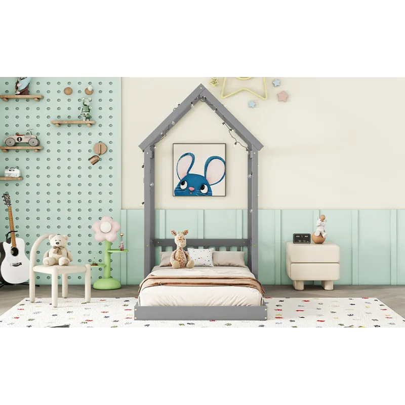Twin House-Shaped Roof Headboard Floor Bed, (Without Slats) - Gray