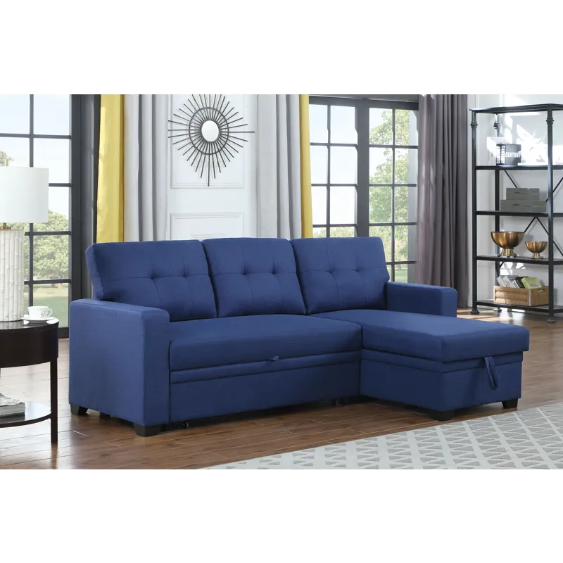 Upholstered Pull Out Sectional Sofa With Chaise - Blue