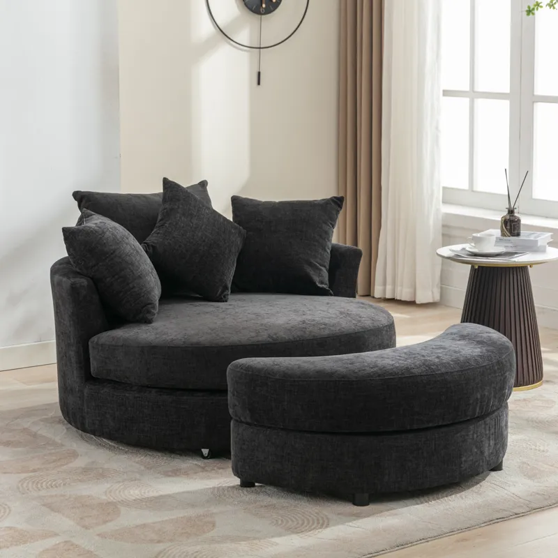 360° Swivel Accent Barrel Chair With Storage Ottoman & 4 Pillows, Modern Chenille Leisure Chair Roun
