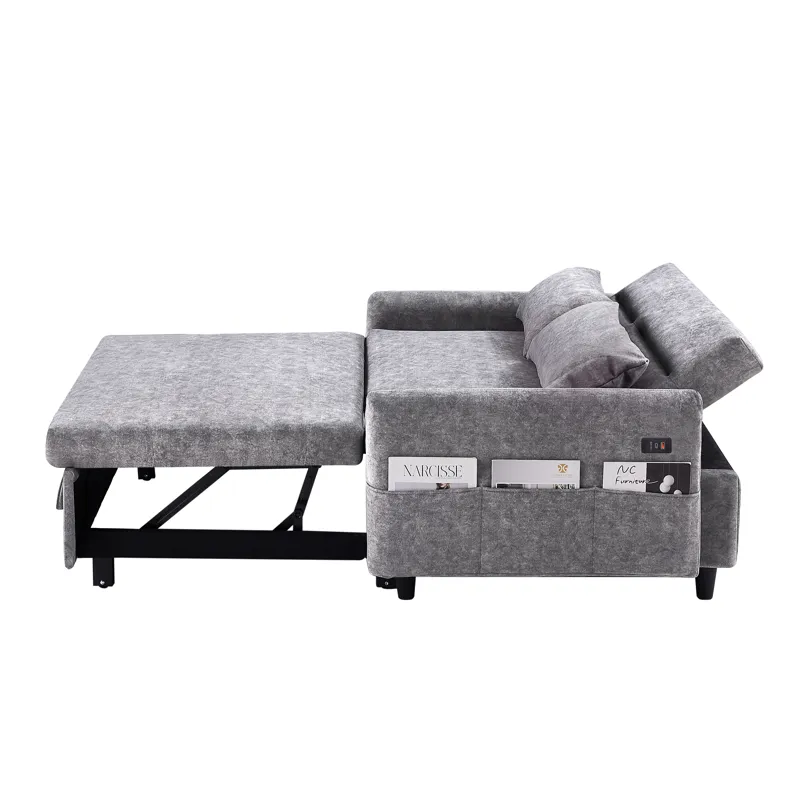 Pull Out Sleep Sofa Bed Loveseats Sofa Couch With Adjsutable Backrest, Storage Pockets, 2 Soft Pillo