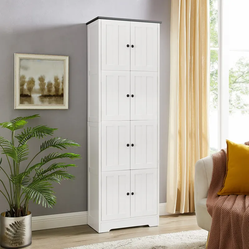 Tall Storage Cabinet With 8 Doors And 4 Shelves, Wall Storage Cabinet For Living Room, Kitchen, Offi