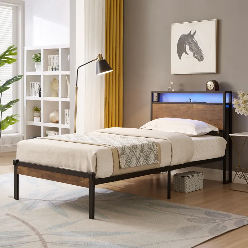 Twin Size Metal Platform Bed Frame With Wooden Headboard And Footboard With USB Liner, LED Lights, N