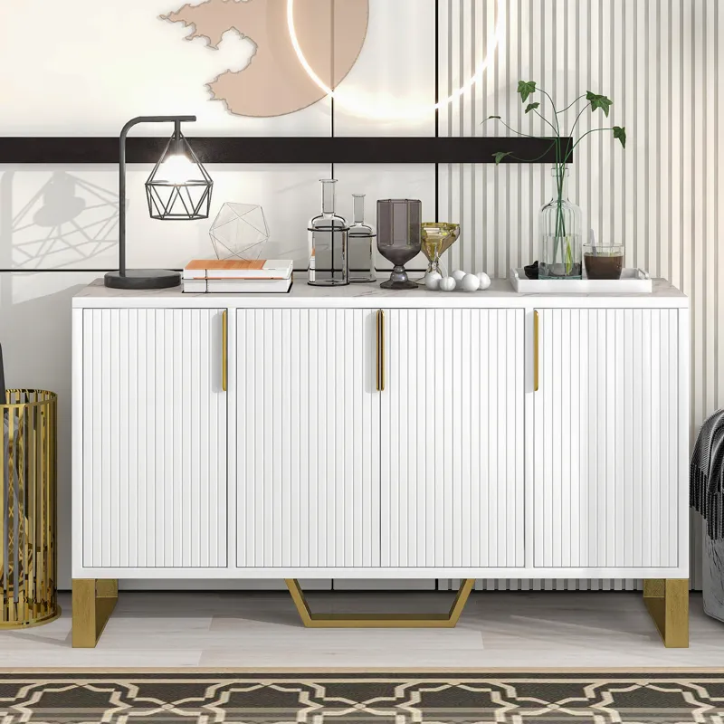 Modern Sideboard With Four Doors, Metal Handles & Legs And Adjustable Shelves Kitchen Cabinet - Whit